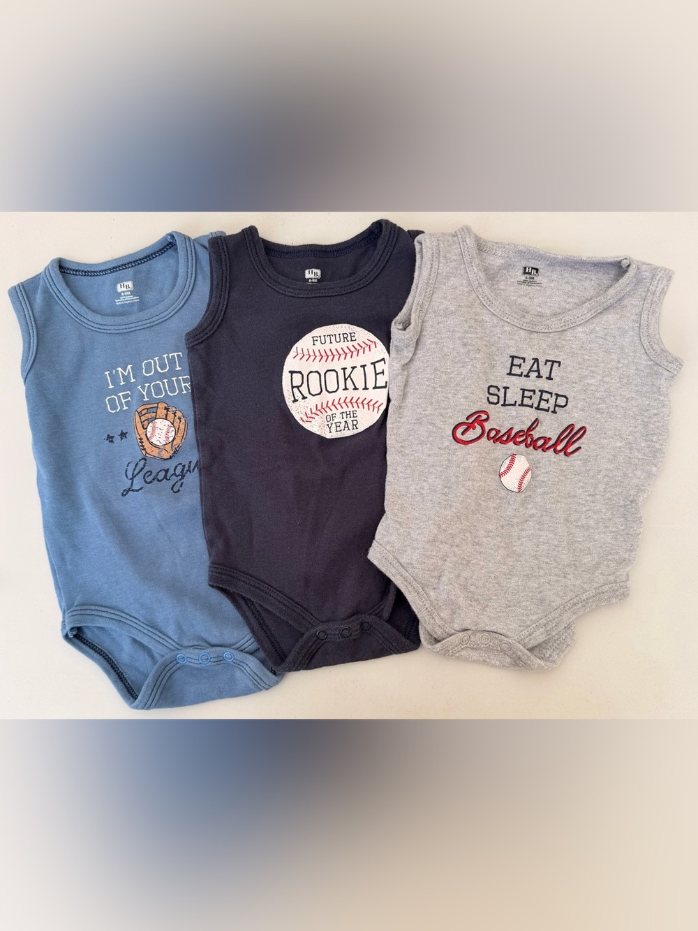 3 Pack Baby Baseball Bodysuits 6-9months Blue, Navy, Gray